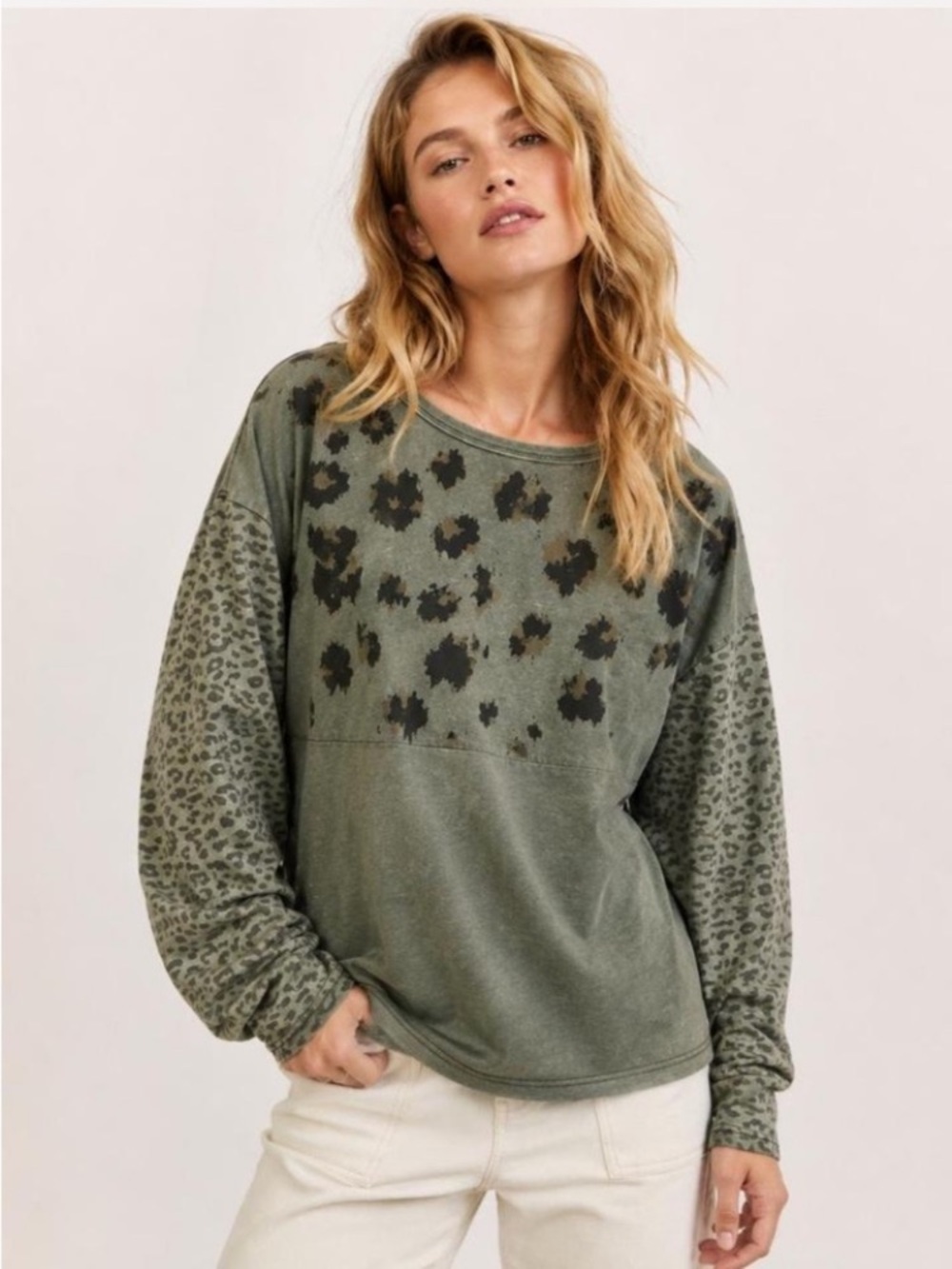 EASEL Patchwork Longsleeve Shirt Top Henley Relaxed Army Green Small Animal Camo - Picture 6 of 6